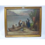 A continental oil on canvas depicting figures by a boat in a river and mountain scape scene,