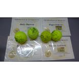 Four signed tennis balls by Djokovic, Nadal,