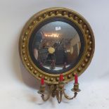 A regency giltwood convex mirror with beaded border and three branch candelabra.