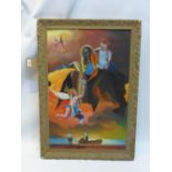 A framed religious painting on board depicting Mary in heaven with cherubs and fisherman below 55cm