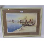 John H Nicholson, a watercolour depicting boats at a harbour. Signed lower right.