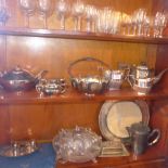 Two silver plated tea set together with sundry plated items and a quantity of drinking glasses