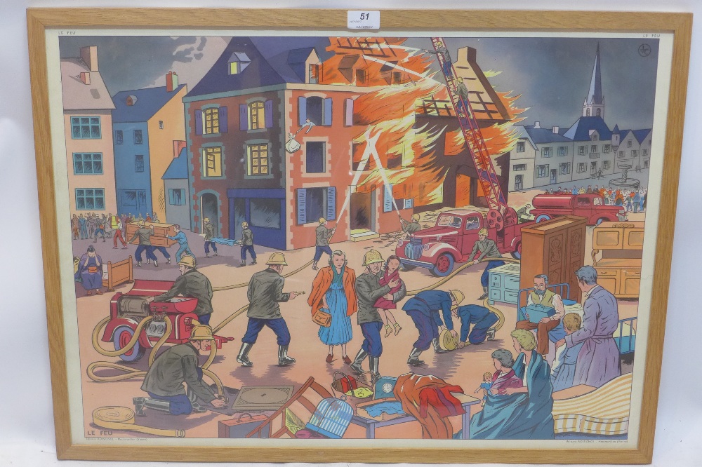 A vintage poster depicting entitled 'Le Feu' French for The Fire printed with Editions Rossignol -