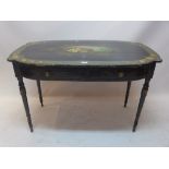 A Victorian hand painted occasional table with single drawer decorated with flowers on a black