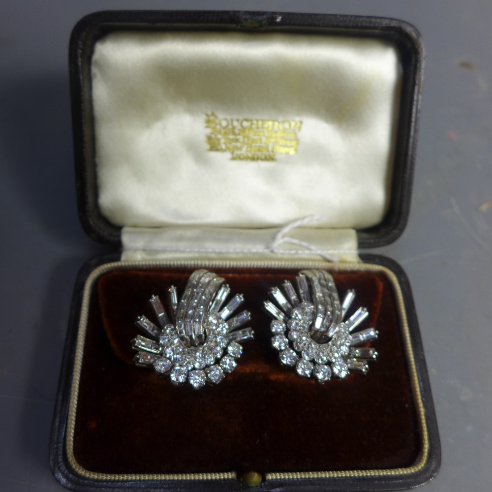 A pair of Art Deco diamond and white metal ear clips,