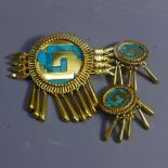 A pair of 18ct yellow gold turquoise enamelled drop ear clips, with matching brooch,