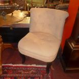 A pair of contemporary bedroom chairs with button back stone linen upholstery raised on ebonised