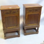 A pair of early 20th Century oak side tables with single drawer above cupboard door,