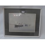 John H Nicholson, a watercolour depicting ships at sea titled "Fog at Douglas Bay".