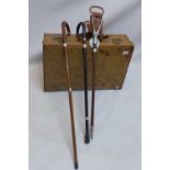 An old leather suitcase and a walking cane having 9ct gold tip and one other cane and a shooting