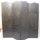 A 19th Century continental leather four fold screen decorated with hunting scenes