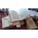 A collection of five early vellum bound books, Espana Sagrada, A Kempis,