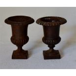 Miniature garden urns French 19th Century cast iron classical campana form upon square bases