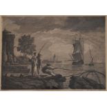 Engraving, Italian 18th Century scene showing a ship at anchor in a bay