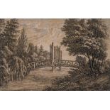 An 18th Century engraving, scene of wooden bridge over a river with trees beyond, unmounted 15