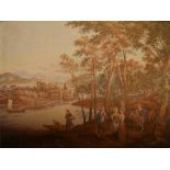 A Large Framed Tapestry of people by a river