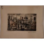 A 20th Century etching, scene showing a cityscape with high rise buildings, classi