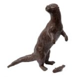 Sculpture, Bronze, Otter and catch subject up on hind legs with small fish