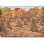 An Oil on board, "Harvest Time" scene of haystacks in a field with trees behind,signed to lower righ