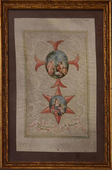 An 18th Century hand coloured print inscribed "Jesus Amabalis et Joannes Bap" "S.Joanna" mount - Image 2 of 3