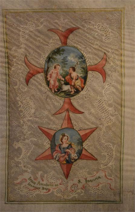 An 18th Century hand coloured print inscribed "Jesus Amabalis et Joannes Bap" "S.Joanna" mount