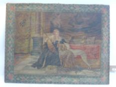 A 19th Century oil on canvas depicting a lady on a sofa petting her dogs in a classical living room