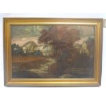 A late 18th / early 19th century Continental oil on canvas, village scene by rural path,