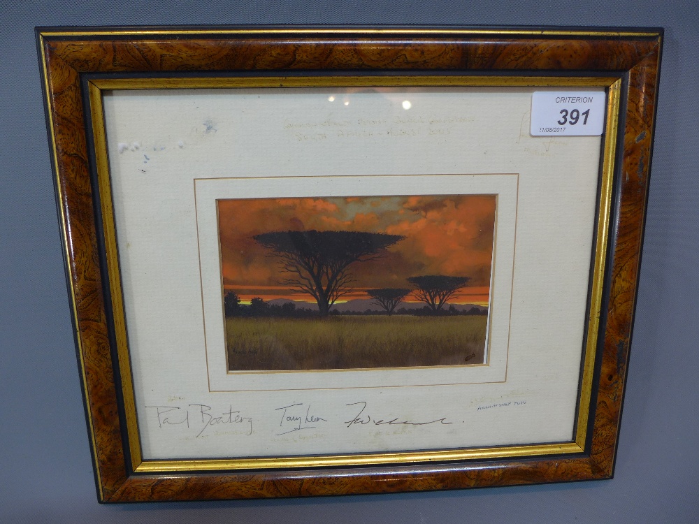 A South African watercolour, 'Malachi Gutiy', signed on mount and verso by Bishop Tutu. H.9cm W.
