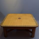 20th Century large oak veneer coffee table with motif to center 108cm x 107cm H: 44cm