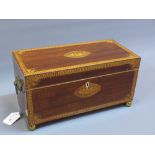 A Georgian marquetry inlaid mahogany tea caddy on brass ball feet,