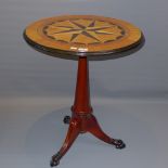 20th Century circular occasional table having marquetry top and paw feet.