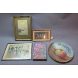 Quantity of various pictures to include watercolour on paper depicting three cupids,