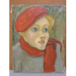 An early 20th century portrait of a lady wearing red bonnet and scarf, oil on canvas,