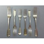 A set of 4 silver dessert forks, together with two silver dinner forks, London 1837 and London 1821.