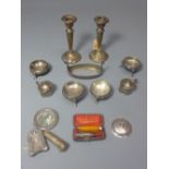 A mixed lot of 19th century and later silver, to include condiment set, pair of candlesticks,