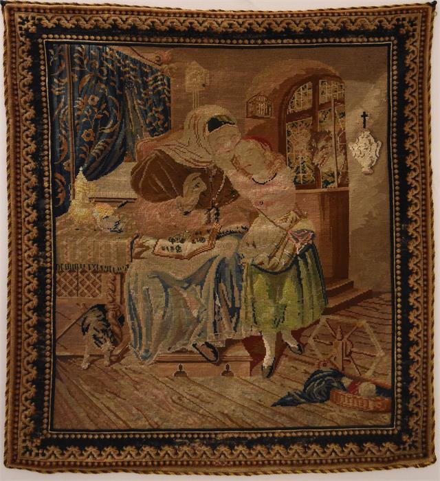 A 19th Century tapestry depicting a King or Monarch sitting upon a throne and being embraced by a yo - Image 2 of 3