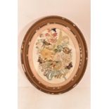 A 19th century embroidery picture decorated with flowers, birds and butterflies in oval frame