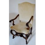 A late 17th century Italian walnut framed open armchair