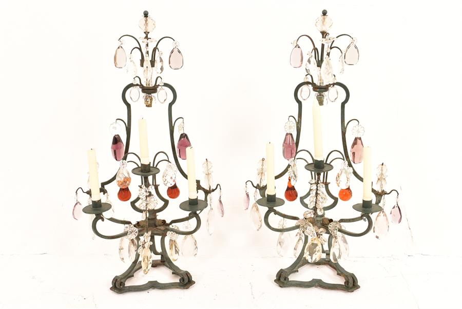 Lighting, a pair of French iron Girandoles circa 1900-20, chandellier style