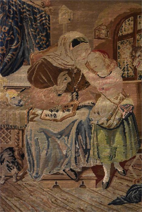 A 19th Century tapestry depicting a King or Monarch sitting upon a throne and being embraced by a yo