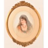 A 19th century watercolour portrait of a lady with a veil, signed to lower right, 'Lilian' mounted i