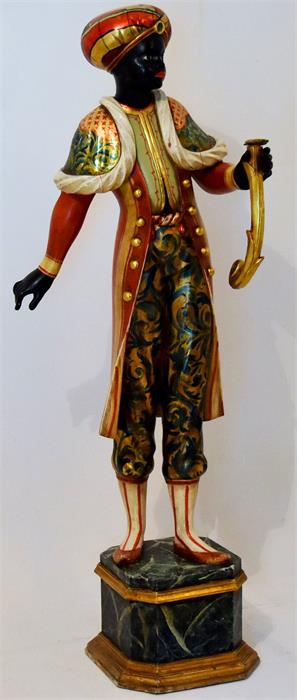 Reproduction Blackamoor figure, standing on a faux marble and gilded base and elaborately and bright