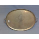 A large Russian oval silver twin handle tray, having crest to centre,