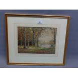 Watercolour of woodland scene, a peep at the Lune from Middleton woods by James T Woods RCA.