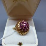 A ladies yellow gold and ruby set 'princess' ring,