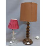An early 20th century table lamp, turned oak base, together with glass table lamp.