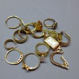 A mixed lot of gold and gold plated to include a 9ct yellow gold cased ladies wrist watch,