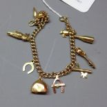 A 9ct gold charm bracelet having various charms including a woodpecker and a wishbone