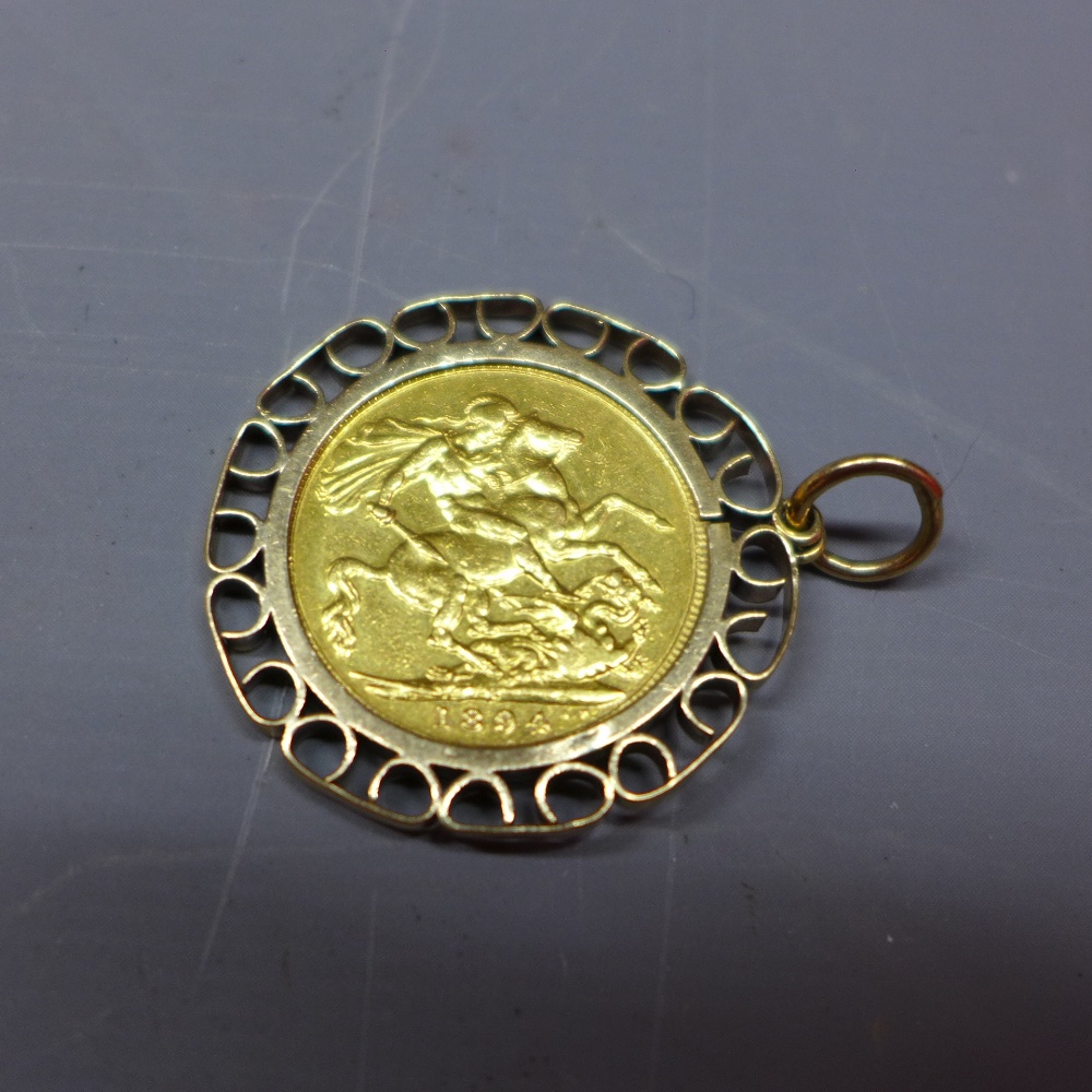 A Victorian 1894 full sovereign, set within a 9ct gold loose mount,