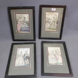 Four early 19th Century hand coloured engravings of woman in traditional dress,